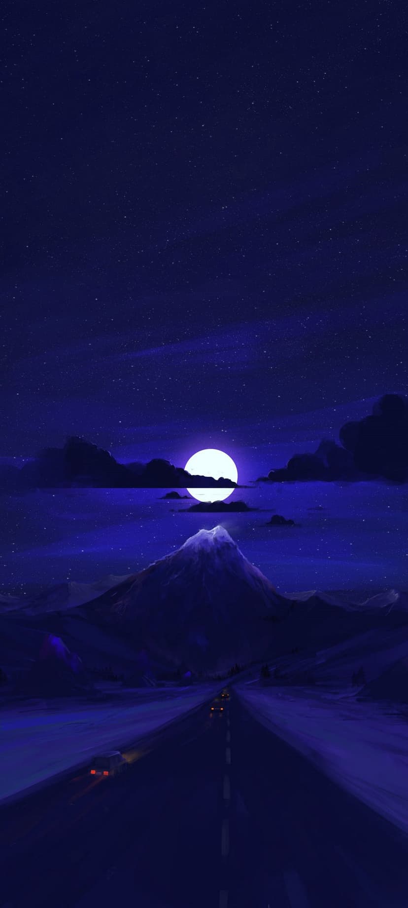 Snow-capped mountain peak looms over a dark road with glowing car lights under a bright moon and starry sky.