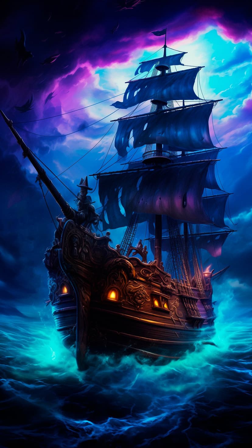 Ghostly galleon with tattered sails sails through glowing turquoise waves under a dark purple stormy night sky.