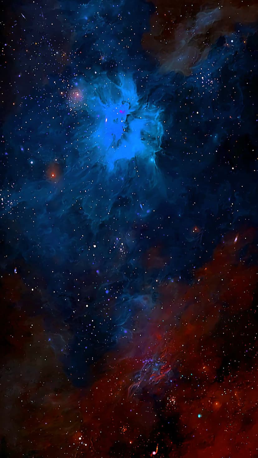 Luminous blue and crimson nebula clouds drifting through a dense star field in a dark cosmic space backdrop.
