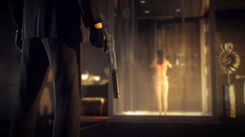 Agent 47 in a black suit holds a suppressed pistol in a dark bathroom with a steamy shower in the background.
