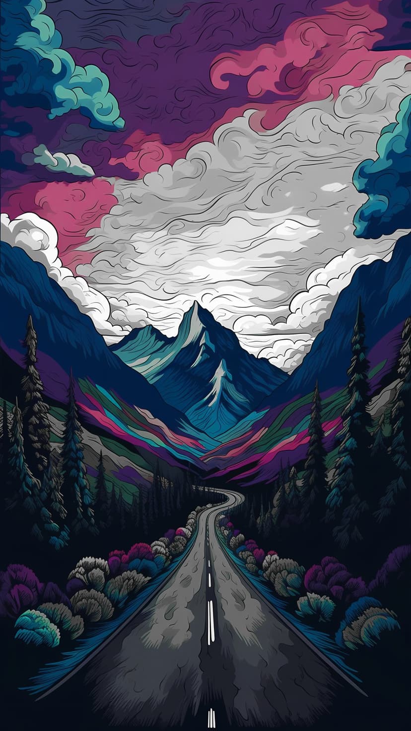 Winding mountain road leading through a pine forest under swirling purple and teal psychedelic clouds in a valley.