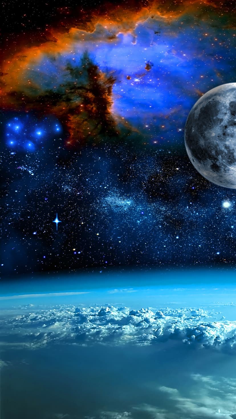 Earth's glowing horizon curves below a detailed lunar surface and a vibrant orange and blue nebula in deep space.