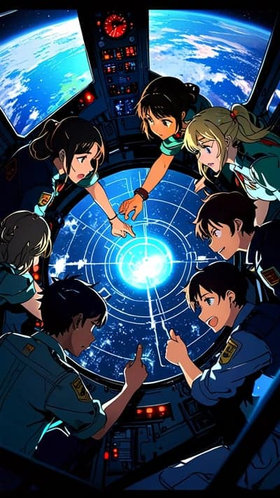 Galactic Crew Navigating Blue Portal Anime Phone Wallpaper