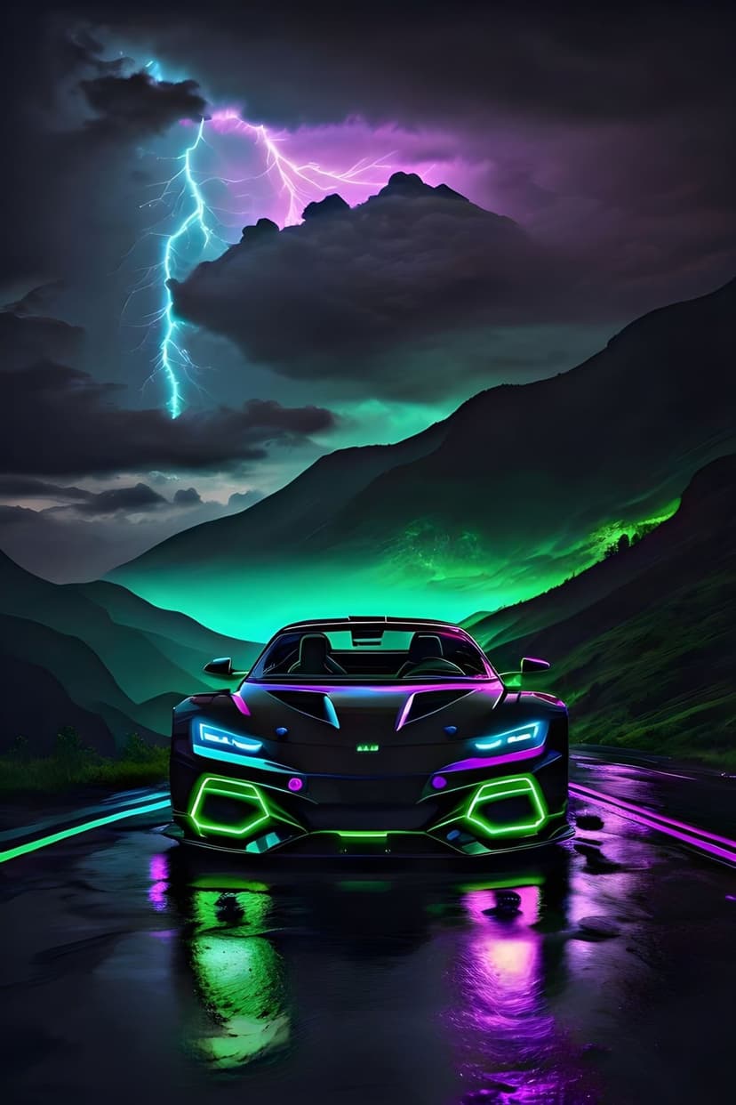 Matte black sports car with glowing neon trim parked on a wet road beneath blue lightning bolts and mountains.