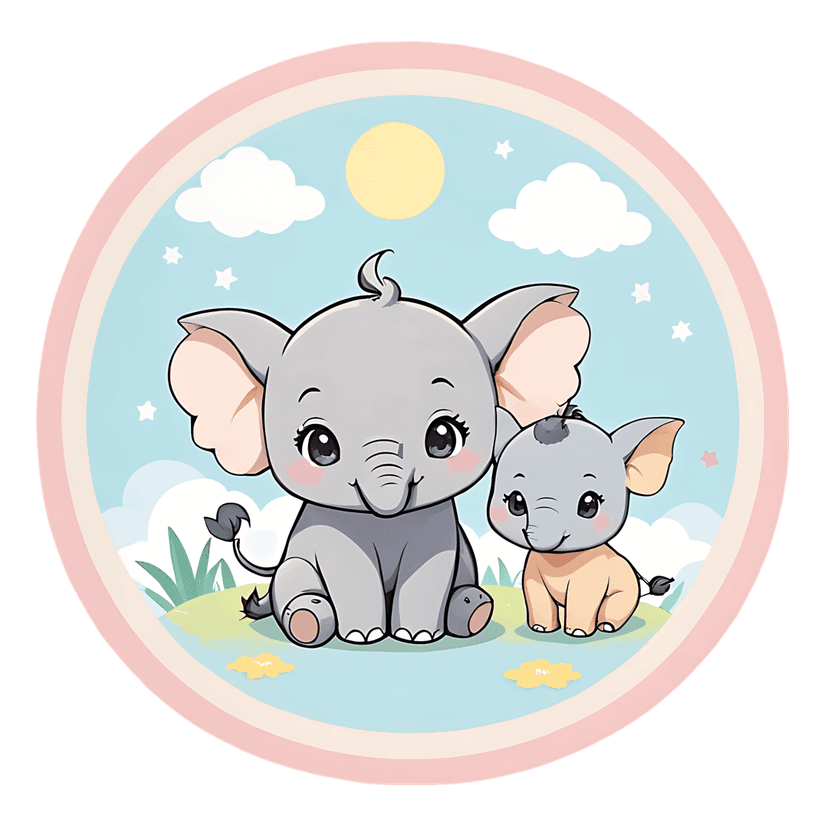 Grey baby elephant pair seated inside a circular striped frame with a blue sky and sun background.