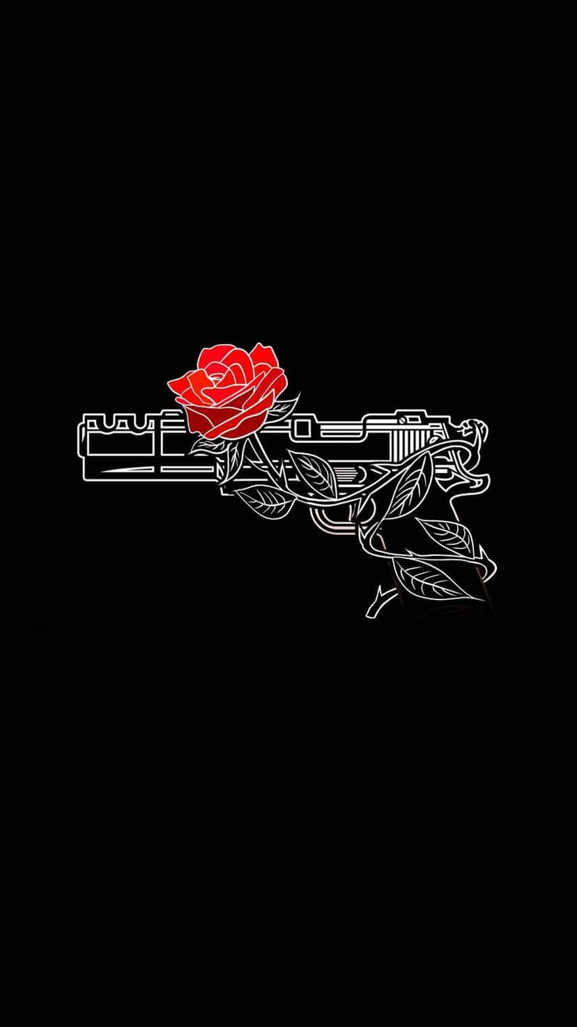 Handgun silhouette entwined with a red rose and green leaves against a solid black background for phone screens.