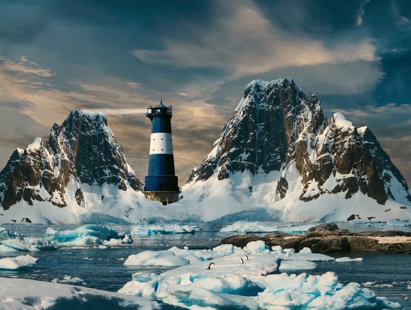 Blue and white lighthouse standing on an icy shore surrounded by snow-capped mountains and a group of penguins.