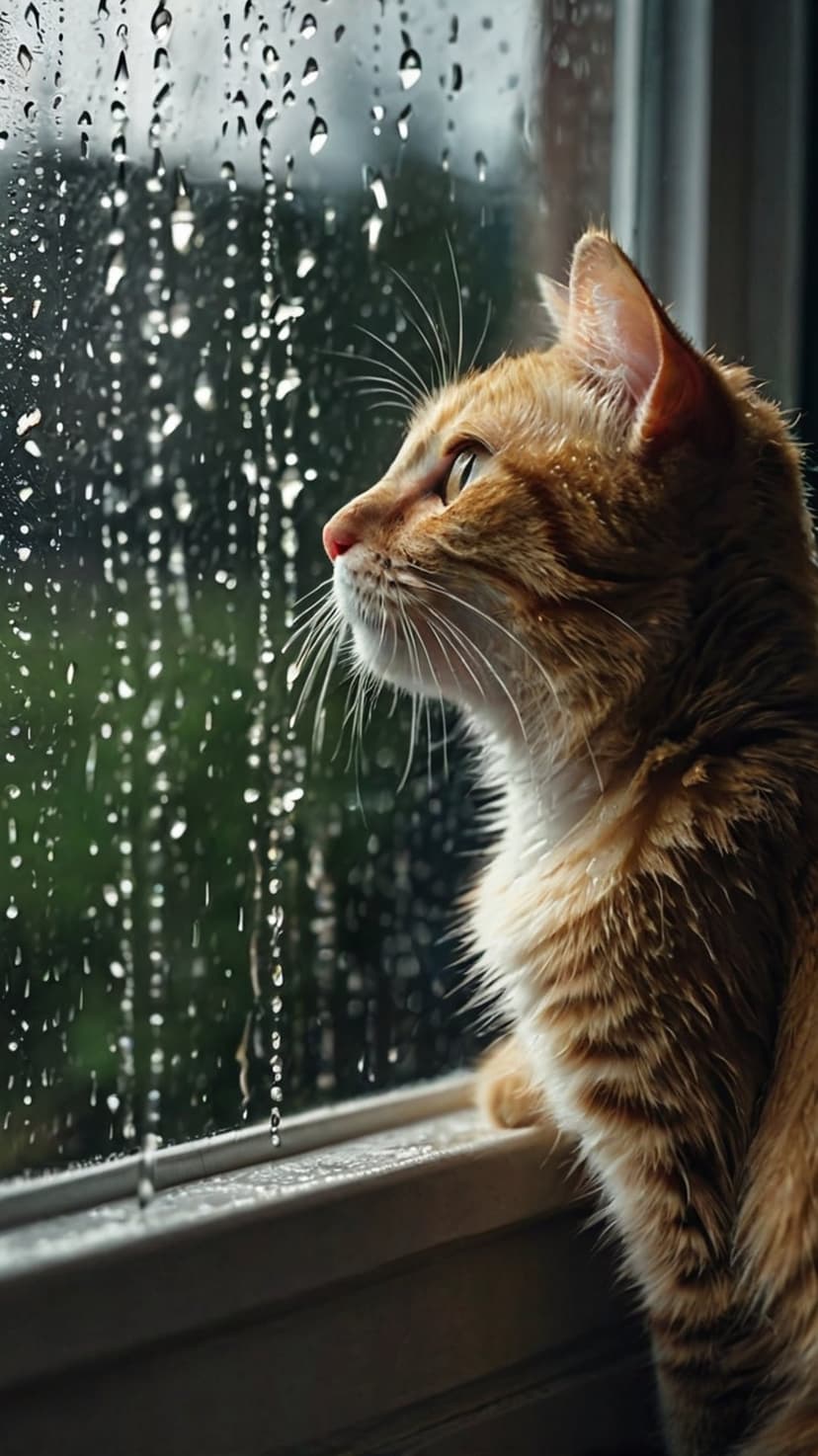Ginger cat with golden fur sits on a windowsill looking at raindrops on glass during a grey, rainy afternoon.
