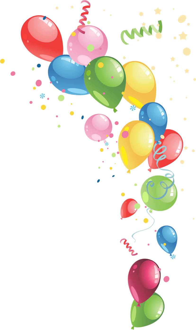 Multicolored party balloons with glossy textures and vibrant paint splashes arranged on a transparent background.