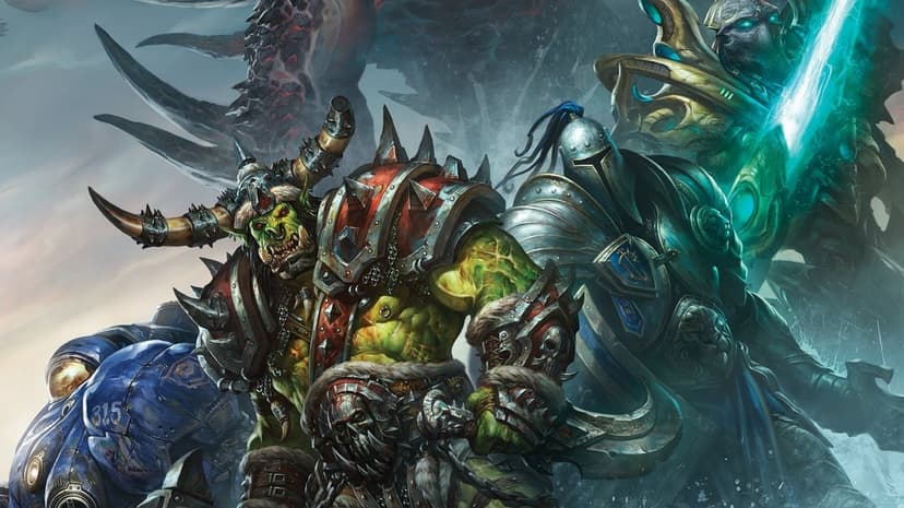 Orc warrior in spiked armor stands beside a knight and a glowing energy blade in a dramatic battle scene.