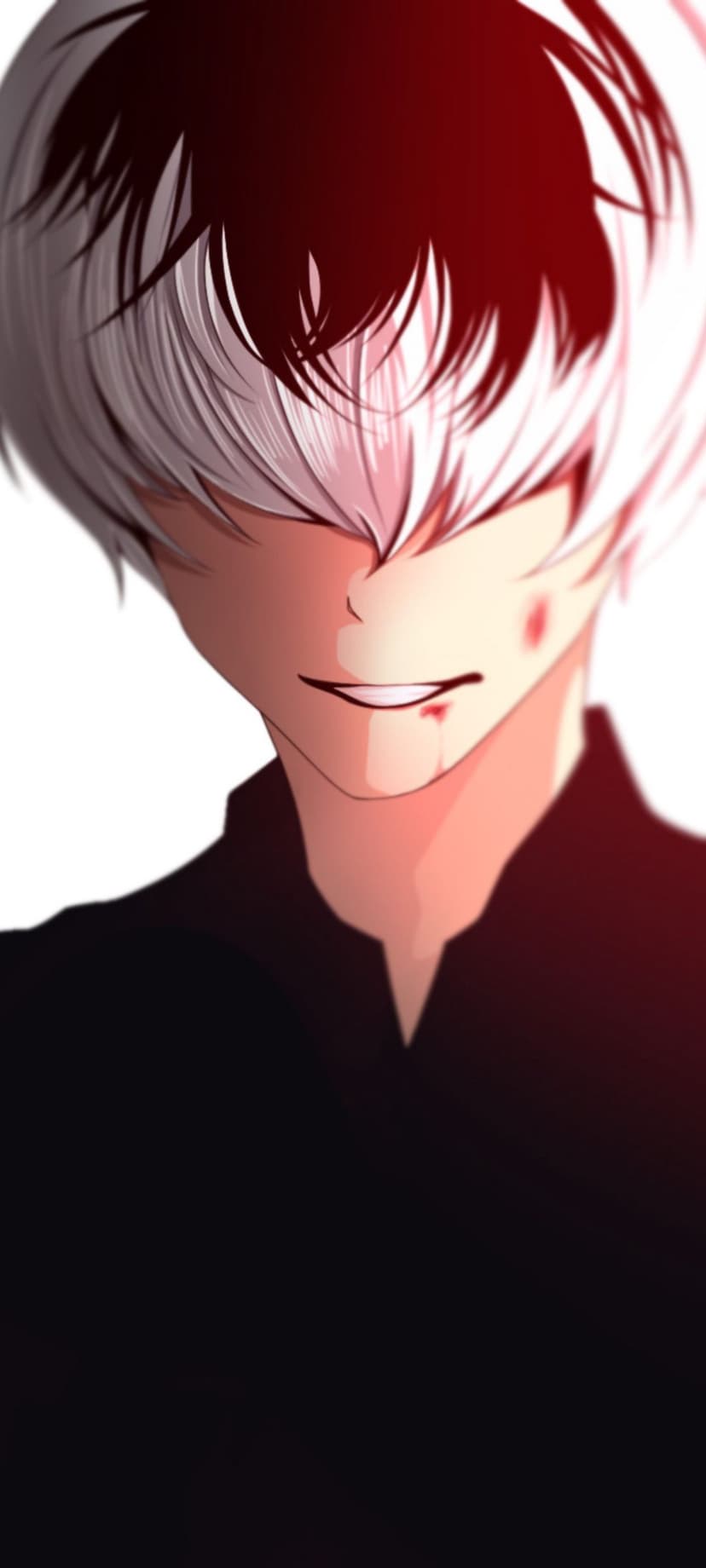 White haired man with blood on his cheek and lips gazes forward under a harsh red light in a black shirt.
