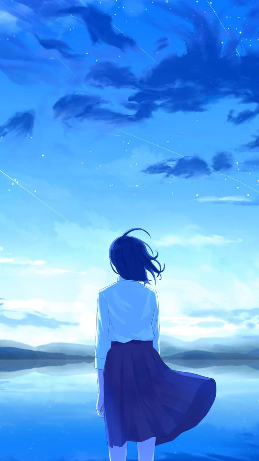 Girl with dark hair gazes at a tranquil lake under a bright blue sky filled with wispy clouds and light trails.