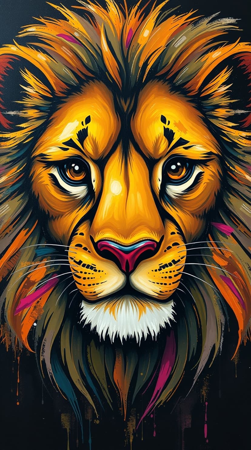 Lion face with a multicolored mane of orange and blue strokes gazes forward against a dark black background.