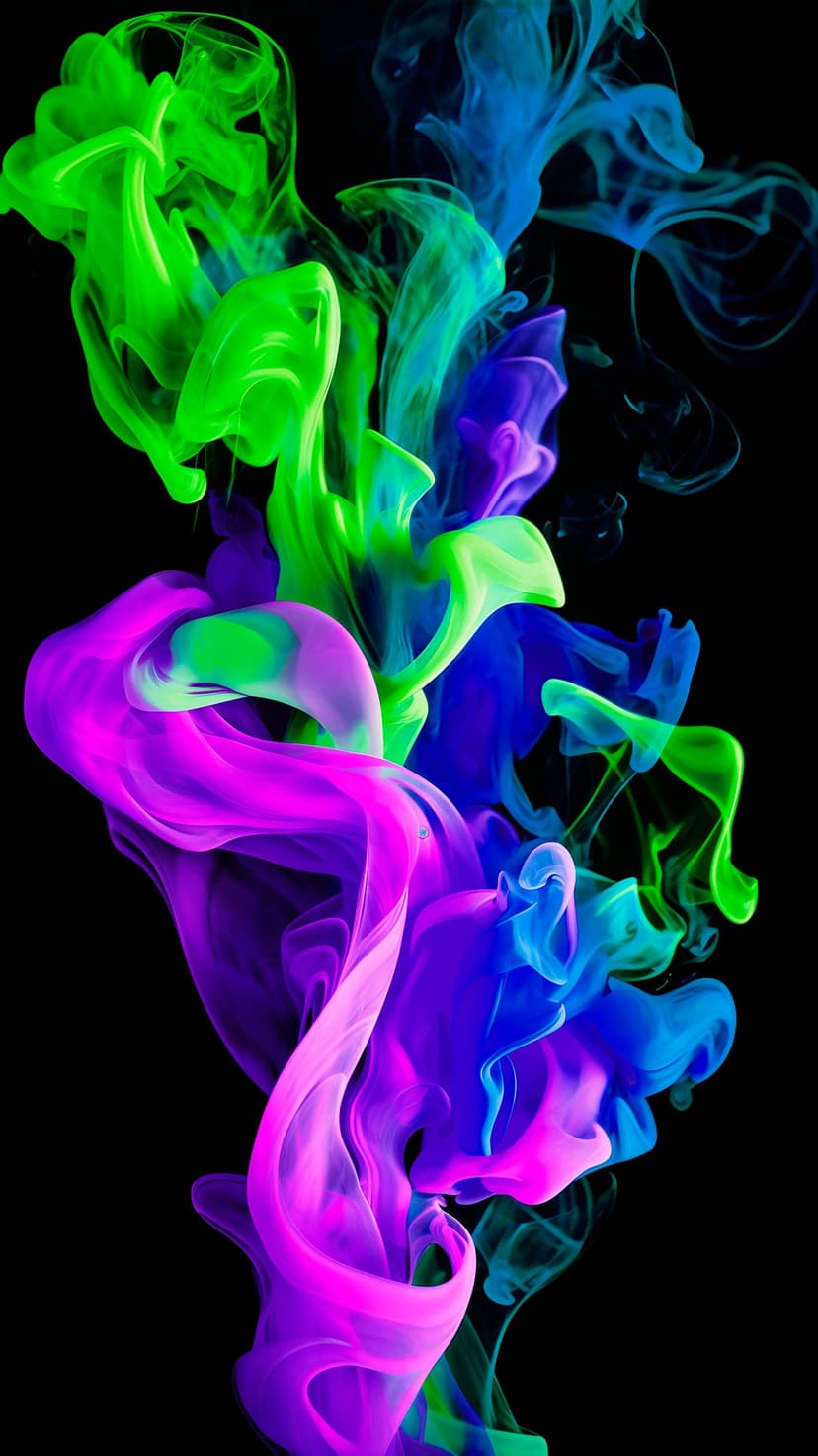 Neon green and purple ink swirls flow through black water with glowing highlights and fluid textures.
