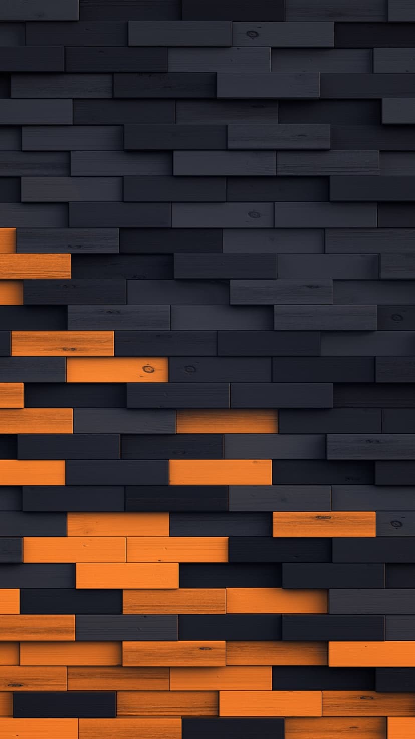 Vertical wooden planks in alternating dark grey and bright orange colors form a staggered, textured wall pattern.