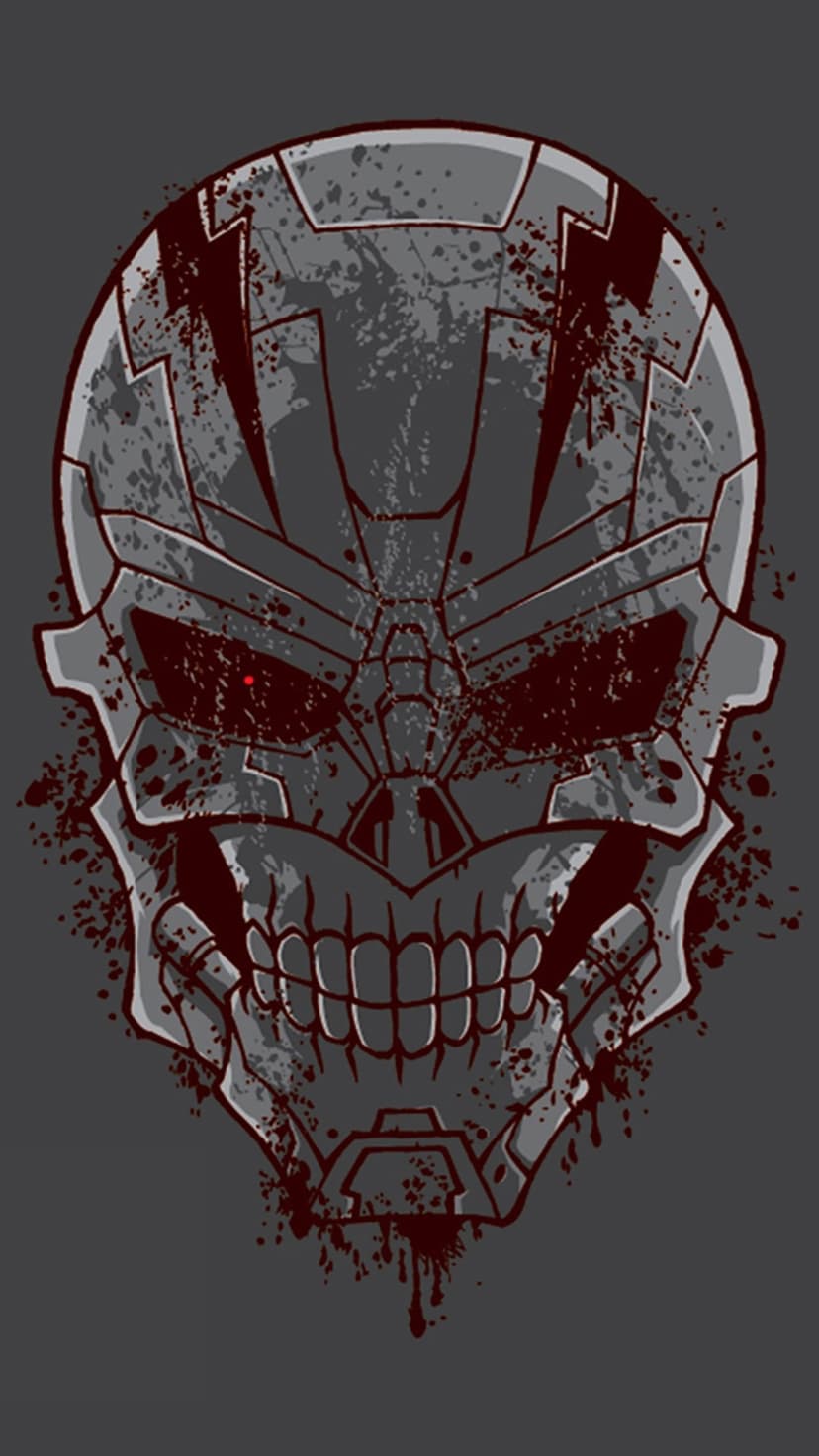 Robotic skull with a singular glowing red eye and crimson blood stains across textured dark metallic plating.
