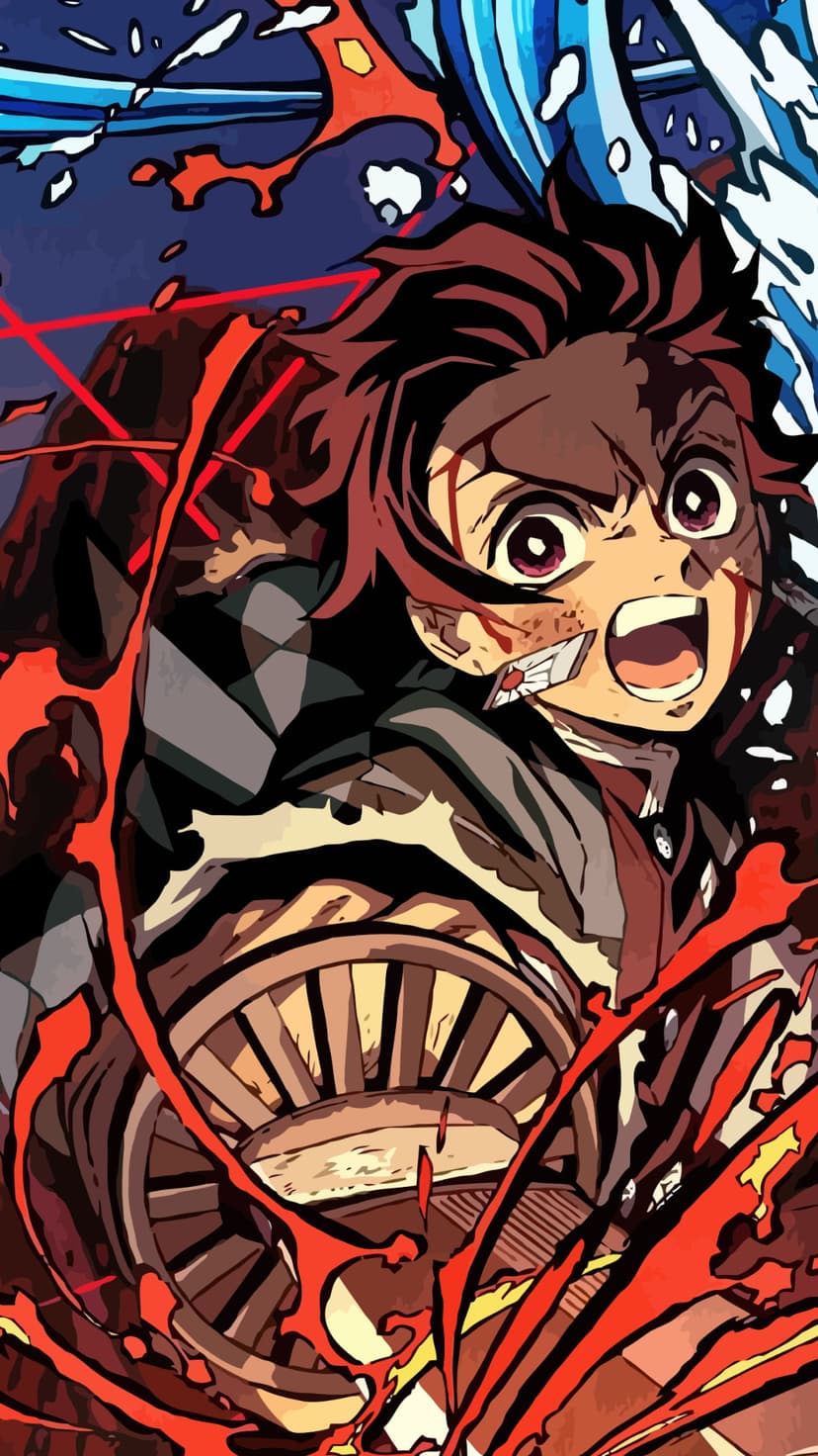Tanjiro Kamado wields a sword amidst red fire and blue water splashes with a fierce expression and battle scars.