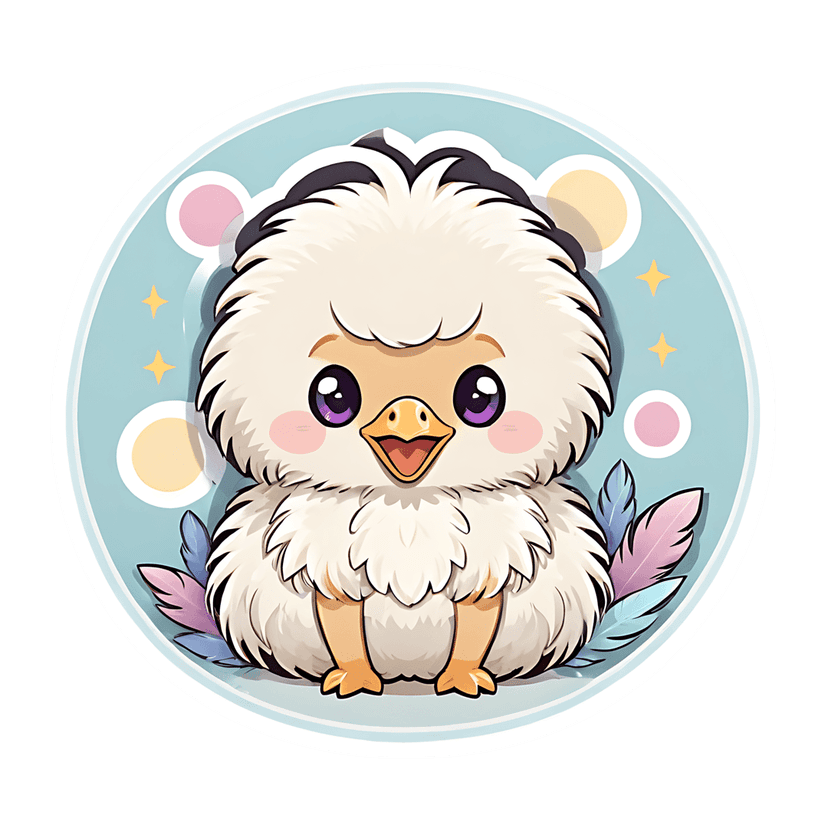 Fluffy baby chick sticker with purple eyes and pink cheeks centered in a blue circular frame with stars.