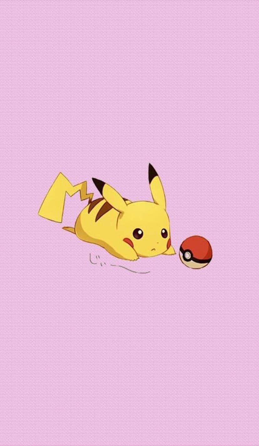 Pikachu looks at a red and white Pokeball centered on a textured pastel pink backdrop for portrait displays.