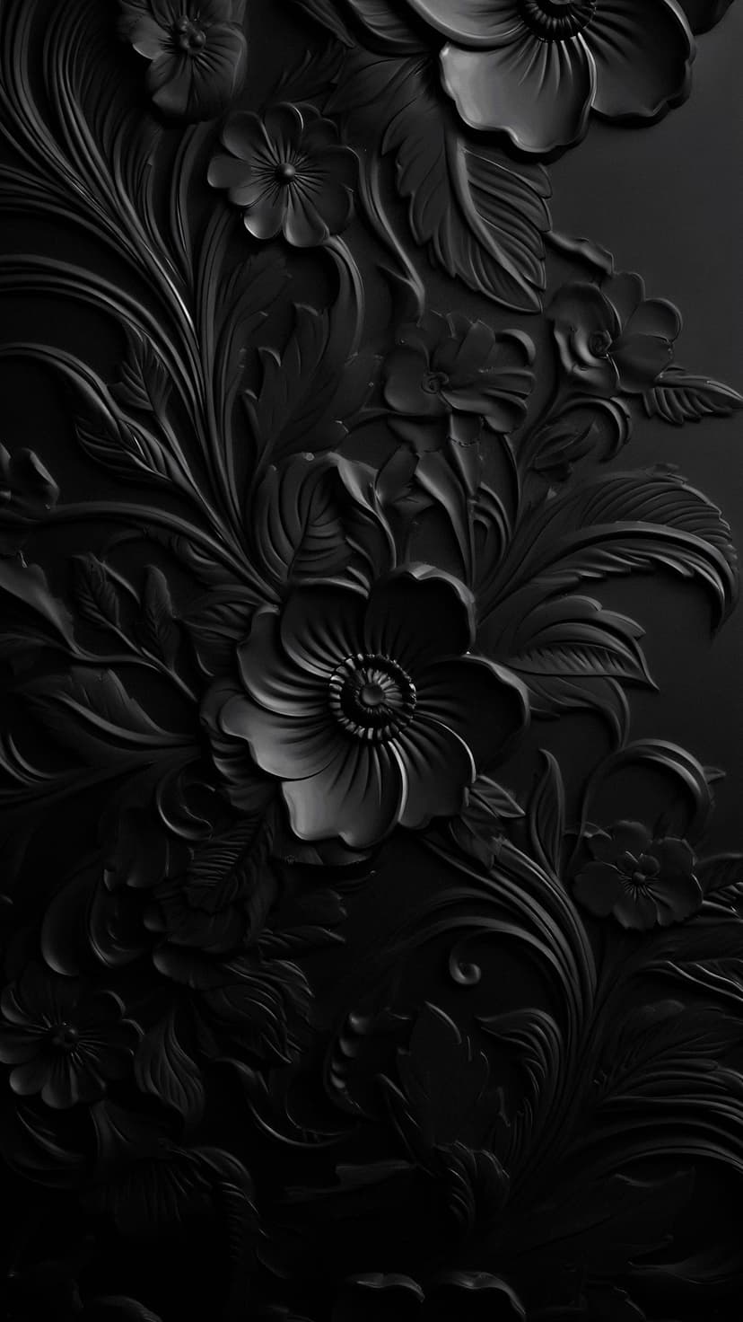 Embossed black floral patterns with intricate petals and leaves create a high-contrast sculptural relief texture.