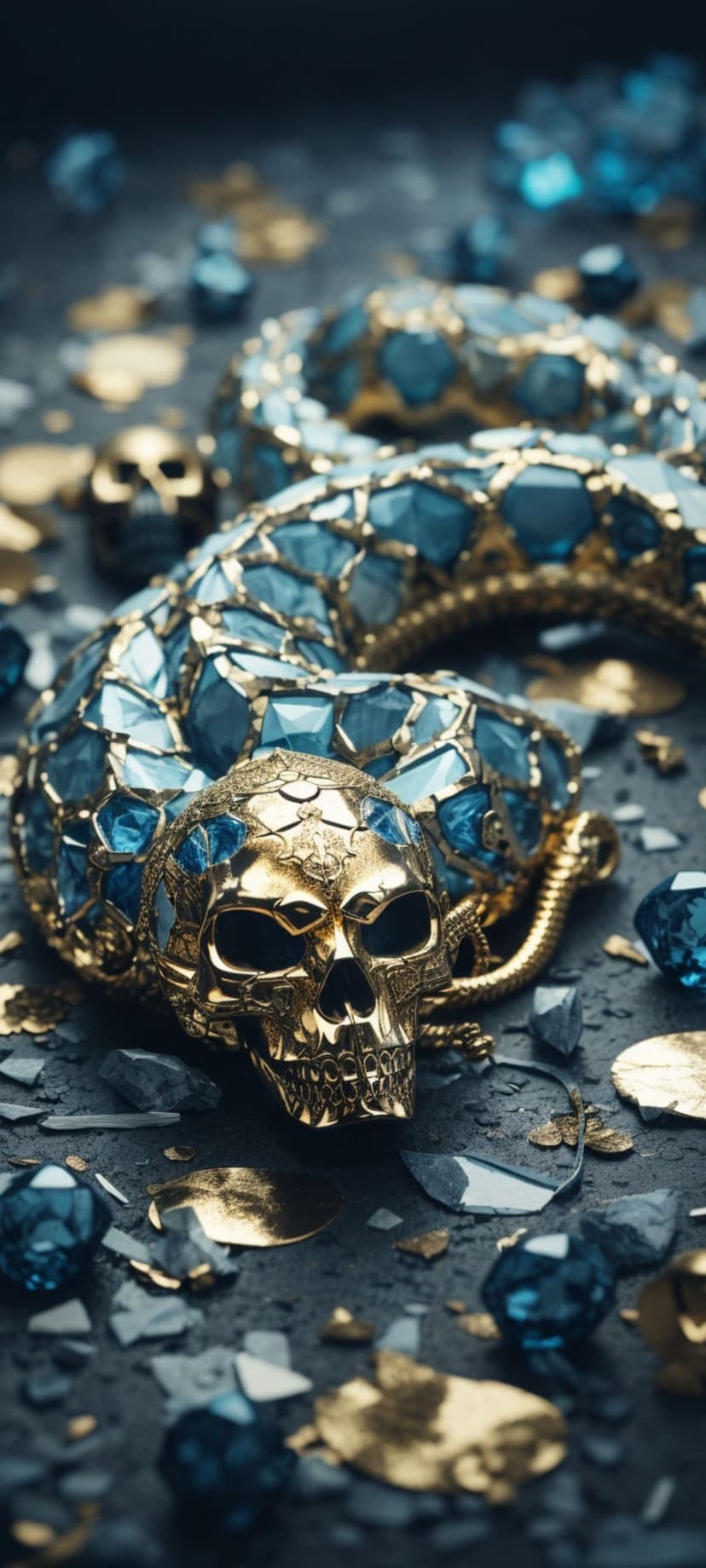 Golden serpent skull sculpture with blue gemstones and gold leaf fragments rests on a dark textured surface.