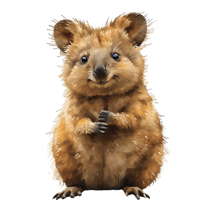 Quokka watercolor illustration with brown fur textures and dark eyes isolated on a transparent background.