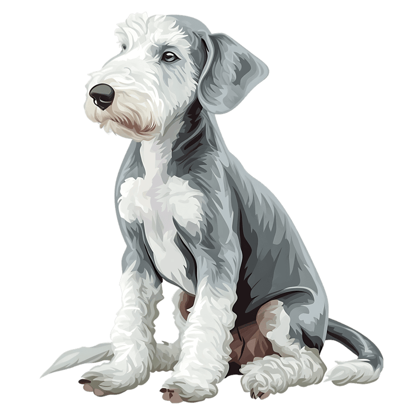 Schnauzer dog cartoon sitting attentively with grey and white shaggy fur and bright blue eyes on dark background.