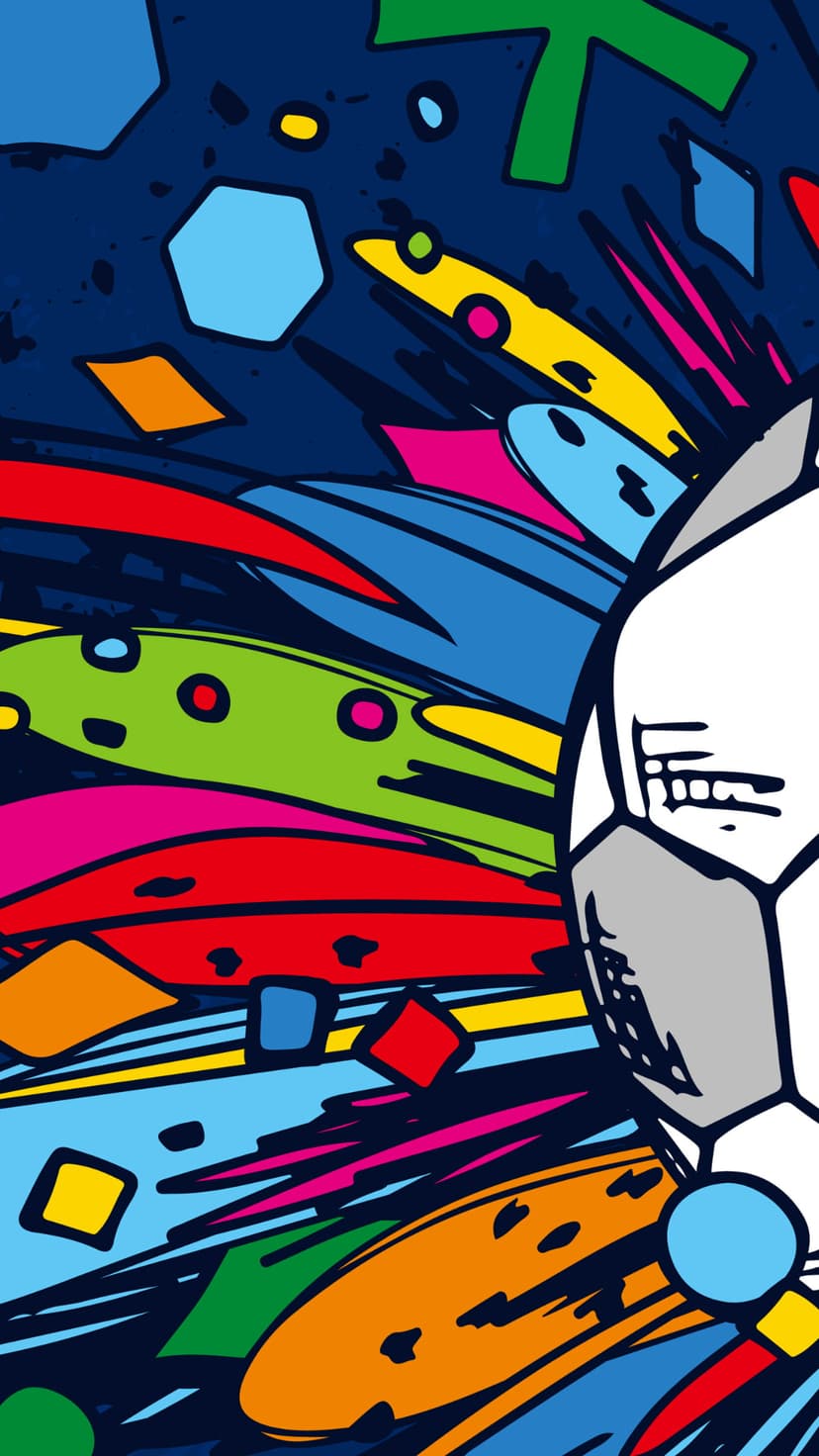 Soccer ball surrounded by a vibrant explosion of pink, blue, and yellow geometric shards and fluid lines.