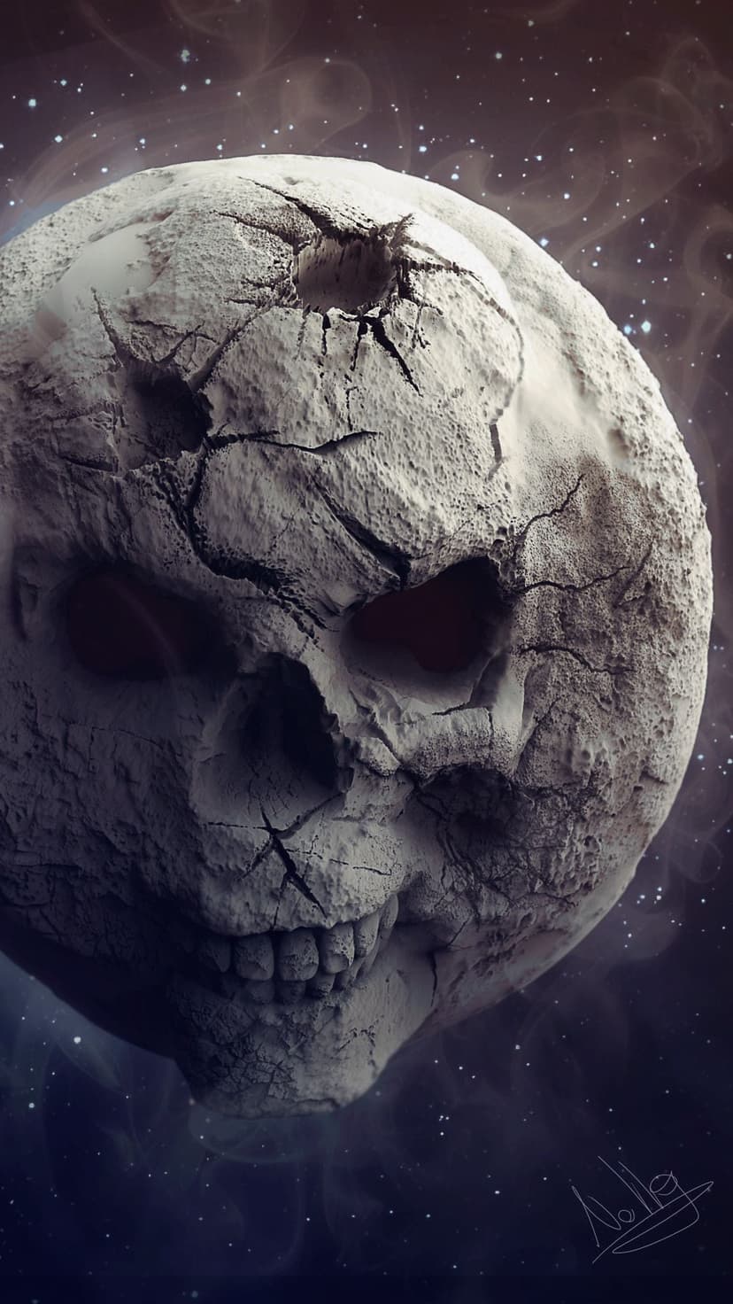 Giant cracked skull planet with glowing red eyes floating in a dark space nebula with distant scattered stars.
