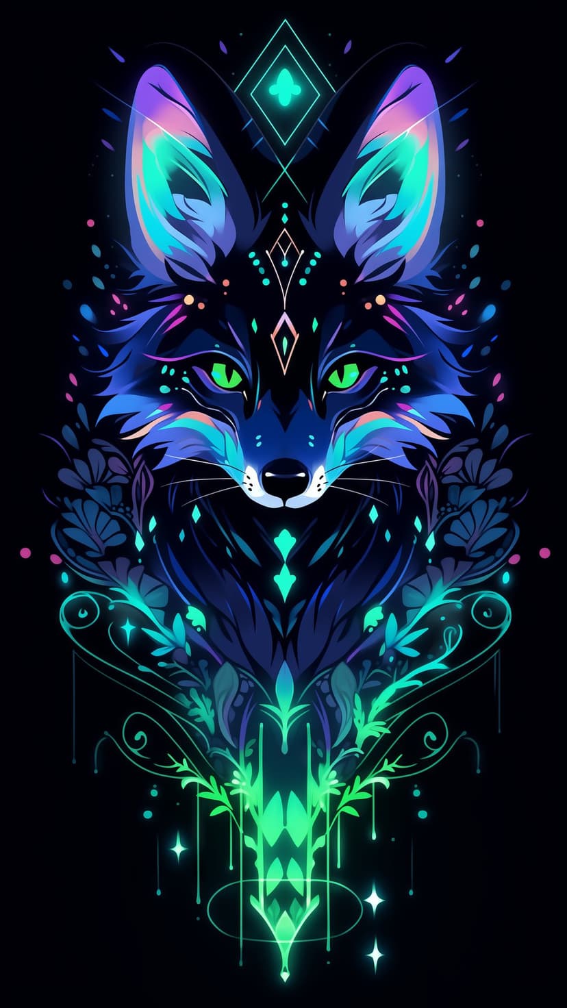 Glowing neon fox with emerald eyes surrounded by teal mystical flowers and cosmic geometric patterns.