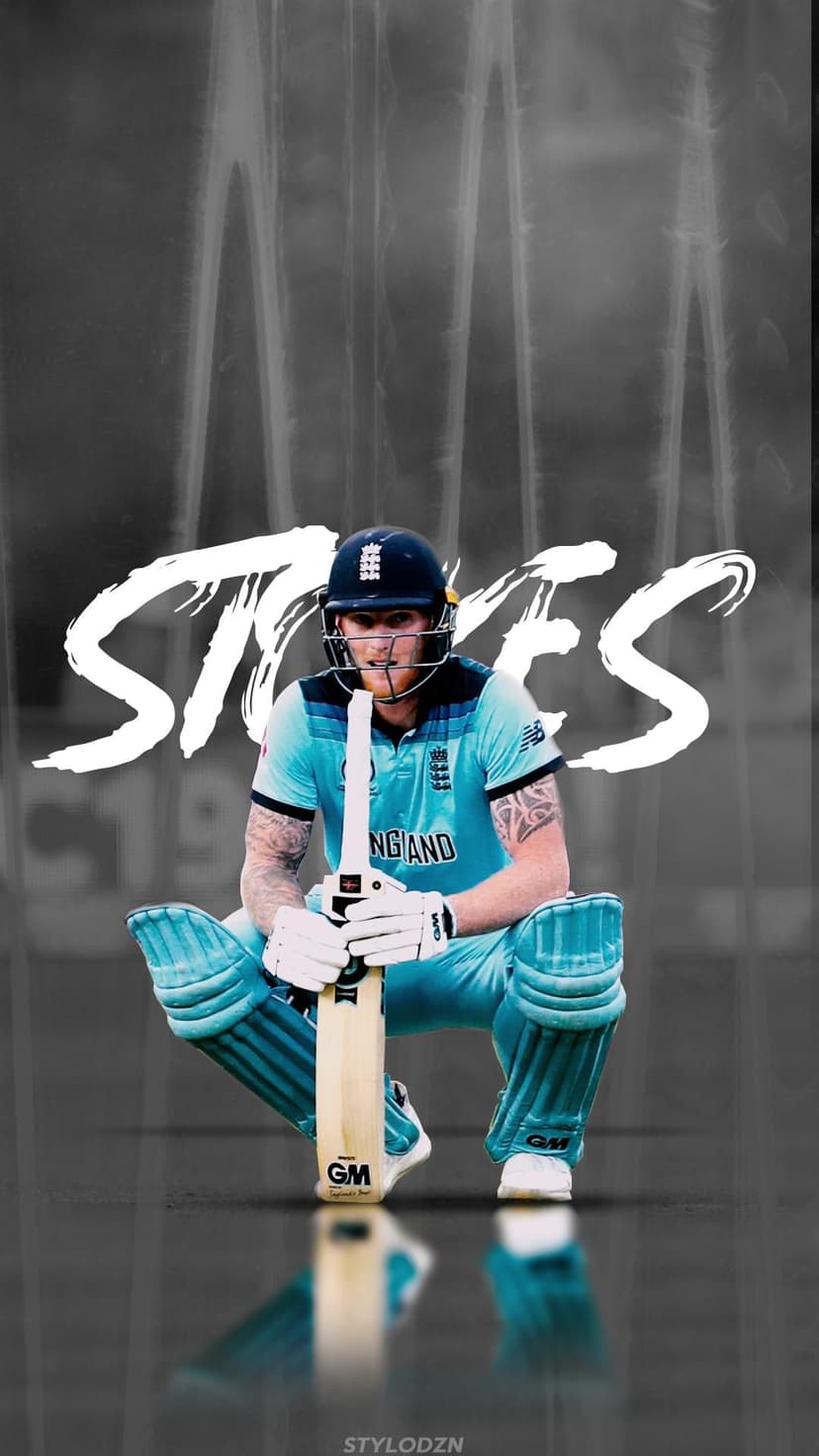 Ben Stokes crouches with a cricket bat in England blue kit before a monochrome typographic background.