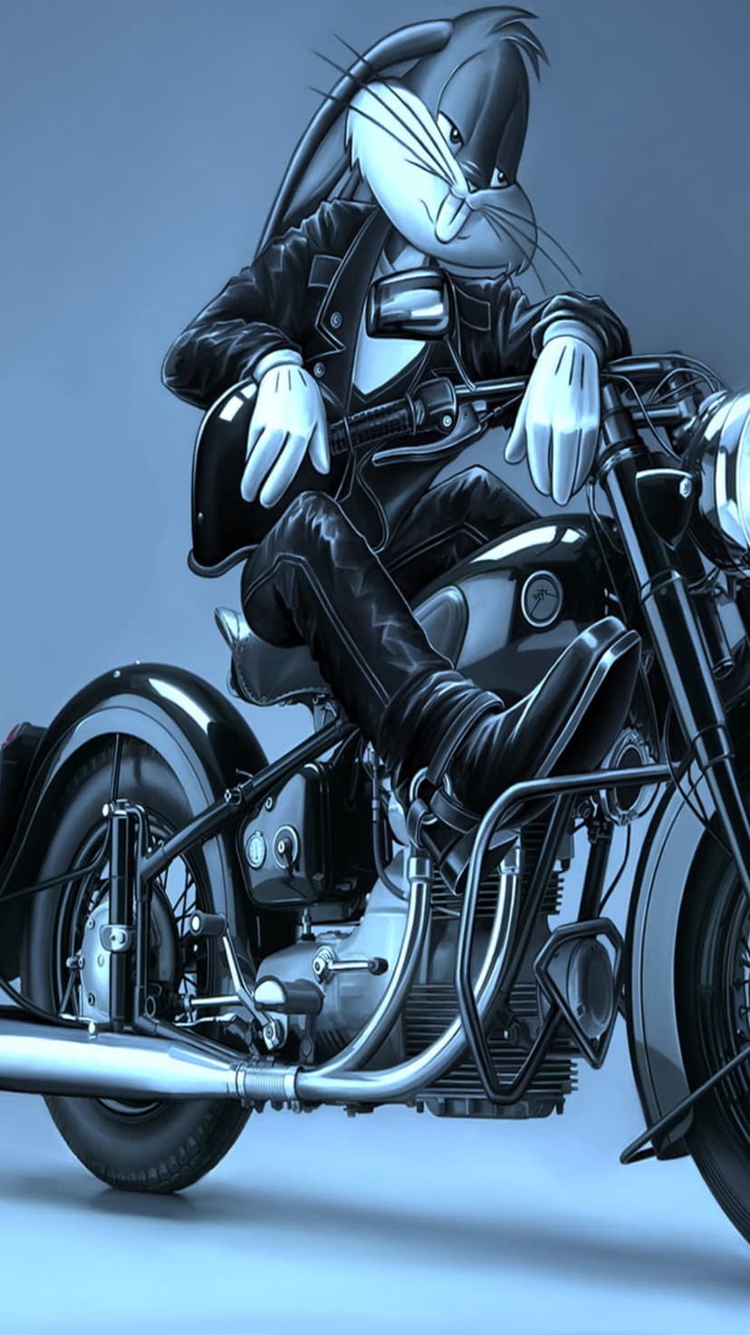 Bugs Bunny wears a leather jacket and sits on a motorcycle with a blue monochromatic filter applied to the scene.
