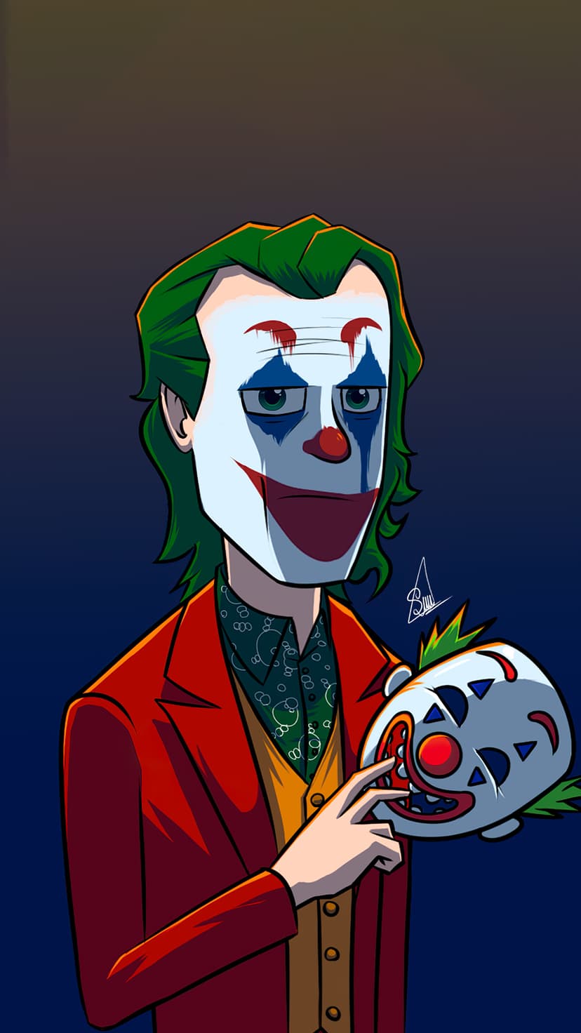 The Joker with green hair wearing a red suit holds a white clown mask while staring intensely forward.