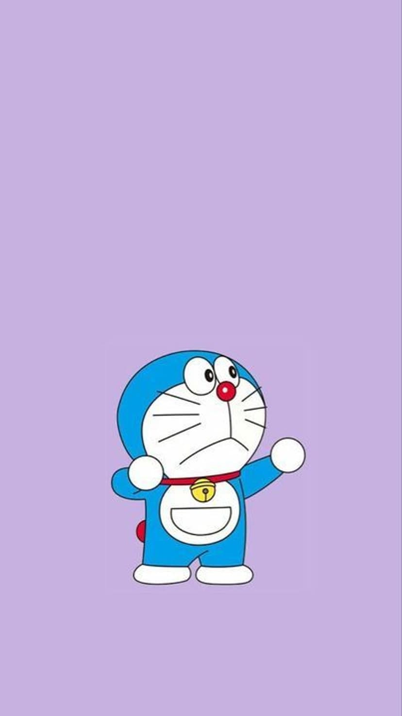 Doraemon stands with a perplexed facial expression and raised arms against a flat, solid vibrant purple background.