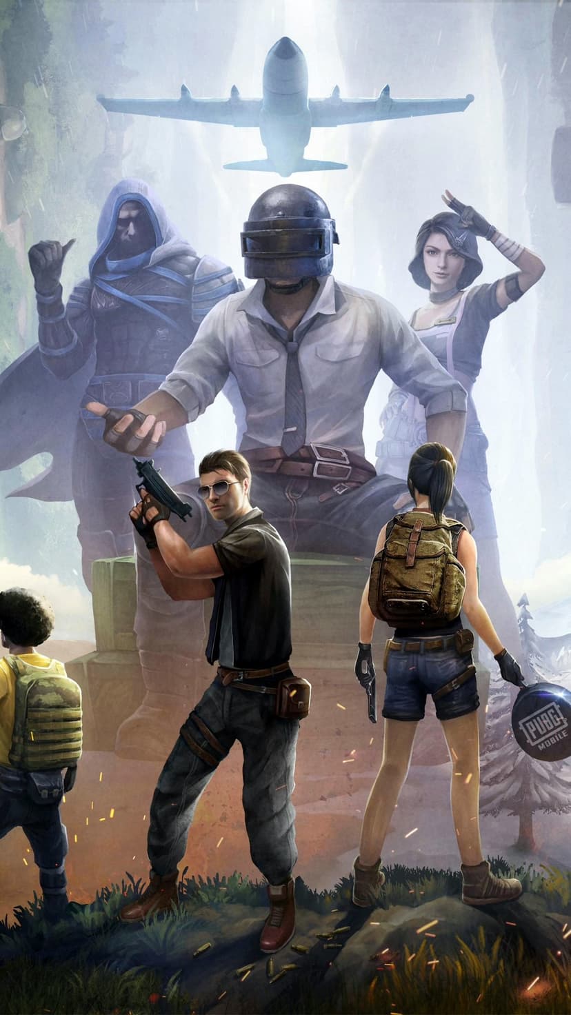 Four tactical survivors stand in combat stances while a large cargo plane flies through the hazy sky overhead.