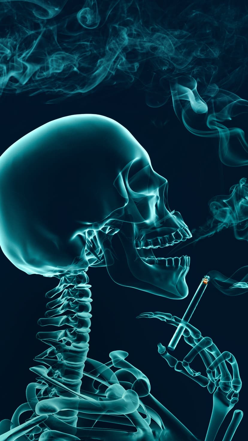 Skeleton skull and torso hold a glowing cigarette with thick swirls of teal smoke against a pitch black background.