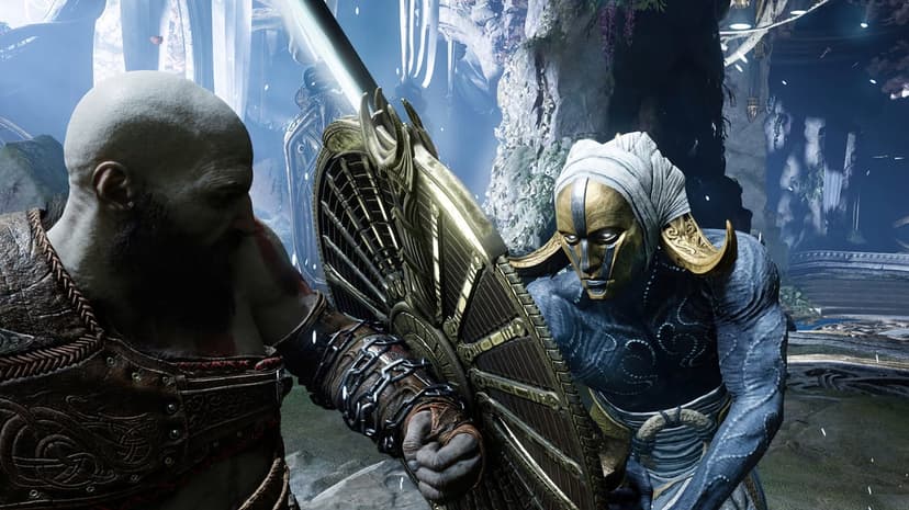Kratos pushes a large golden shield against a blue-skinned Light Elf in a bright, ethereal stone chamber.