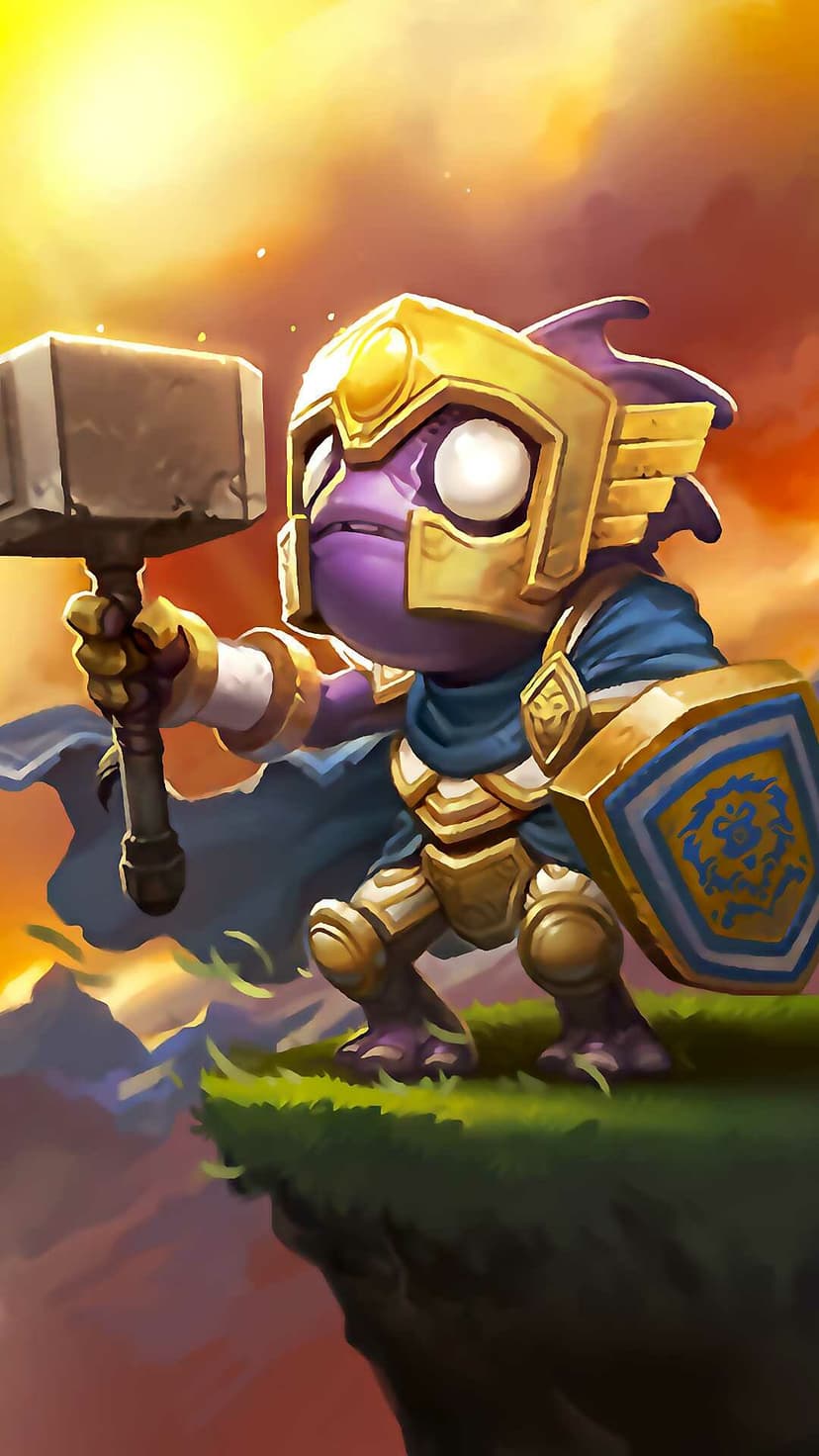Purple murloc in golden paladin armor holding a stone hammer and lion shield on a grassy cliff at sunset.