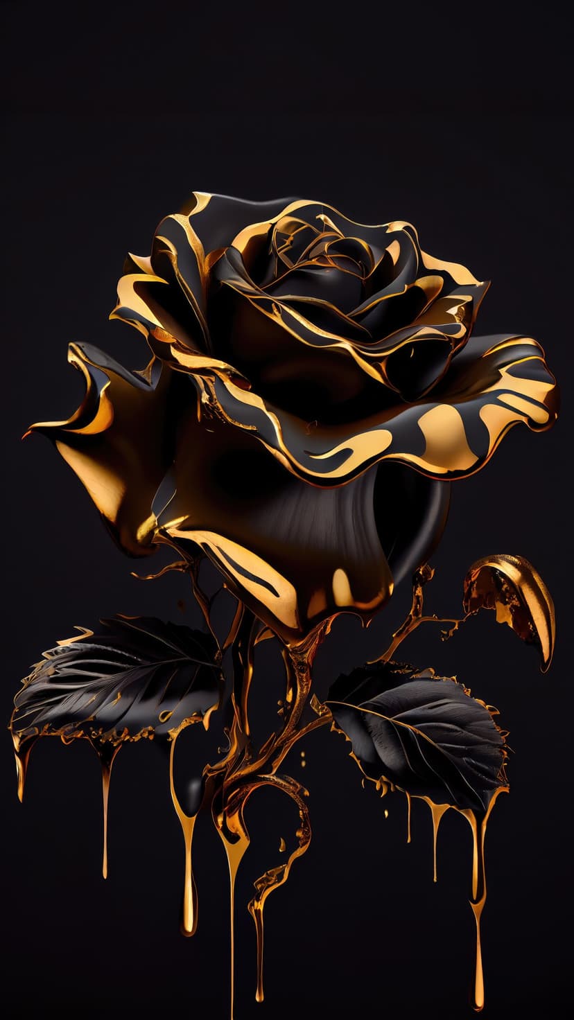Black rose petals dripping with liquid molten gold against a dark background with high contrast metallic textures.