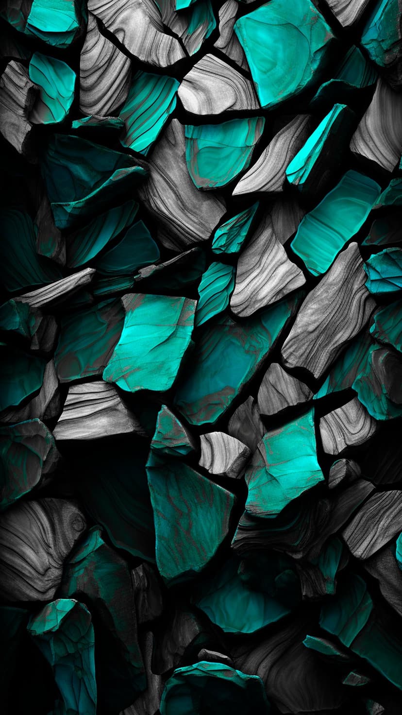 Deep teal glowing shards and dark gray fractured stone slabs arranged in a dense, jagged mosaic pattern.