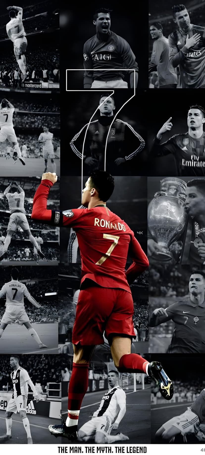 Cristiano Ronaldo celebrates in various football kits within a vertical montage of his career highlights.