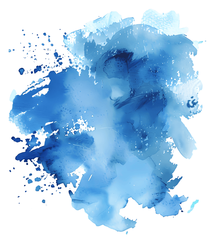 Blue watercolor splash featuring fluid pigment blooms and organic splatters on a transparent background.