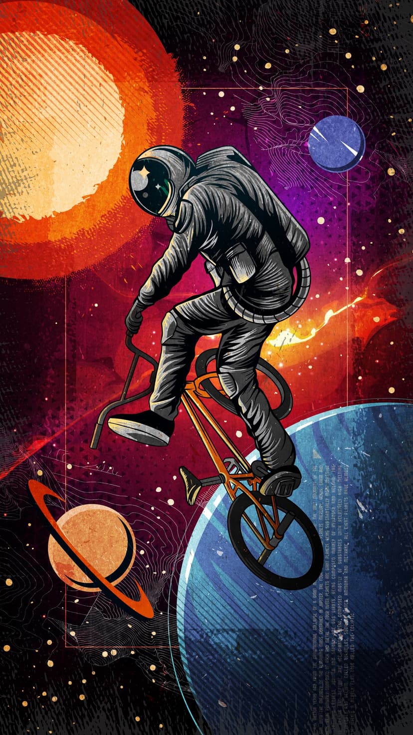 Astronaut on a BMX bike jumps past a ringed planet and a glowing orange orb amidst swirling colorful nebulae.