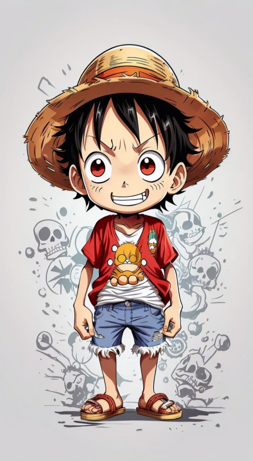 Anime boy with a straw hat and red shirt smiles in front of a sketchy skull graphic for a mobile backdrop.