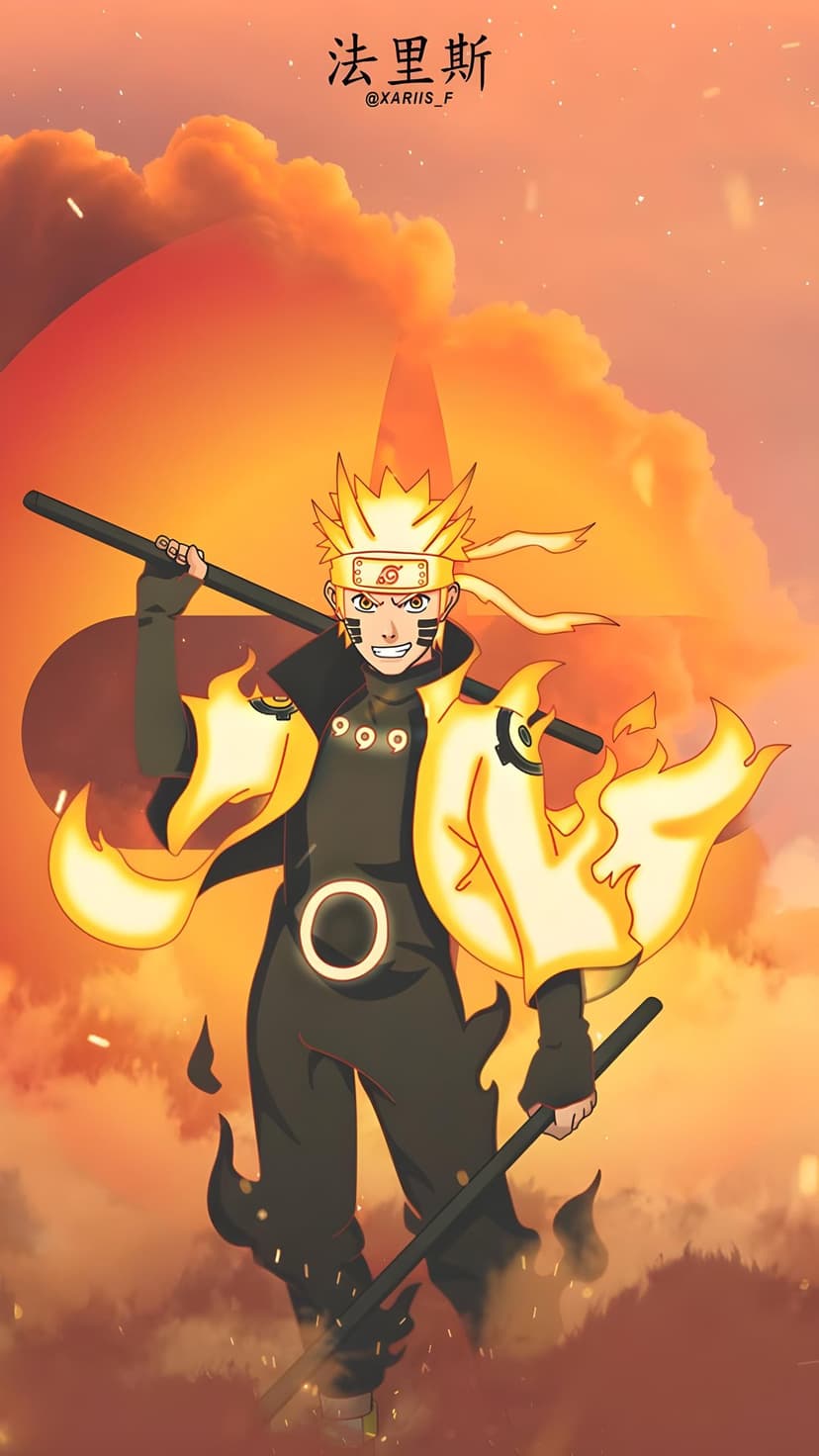 Naruto Uzumaki with orange eyes and Sage Mode markings stands amidst fiery glowing energy and a circular sun.