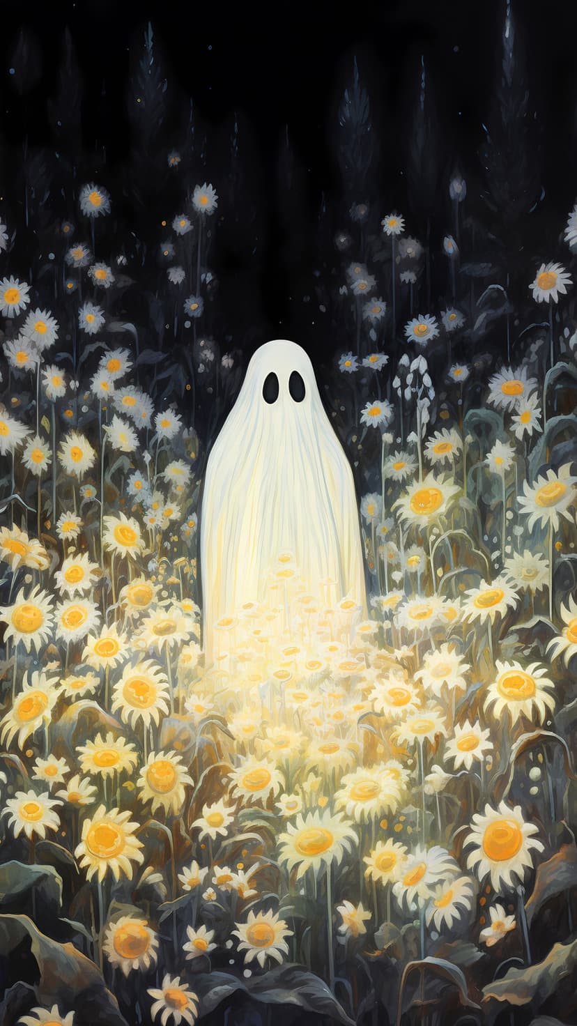 Translucent ghost with black eyes rises from white daisies under a starry sky in a dark nocturnal garden.