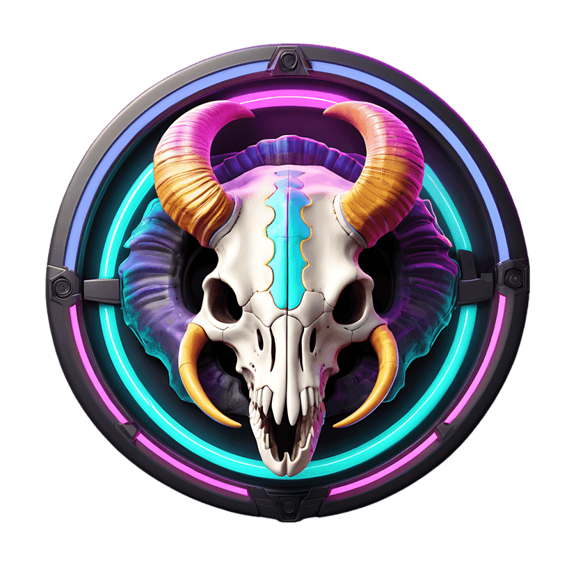 Horned skull emblem glows with neon pink and blue light inside a glossy metallic circular frame 3d render.