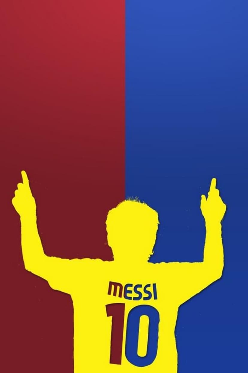 Lionel Messi raises his arms in celebration against a split red and blue background with a yellow silhouette.