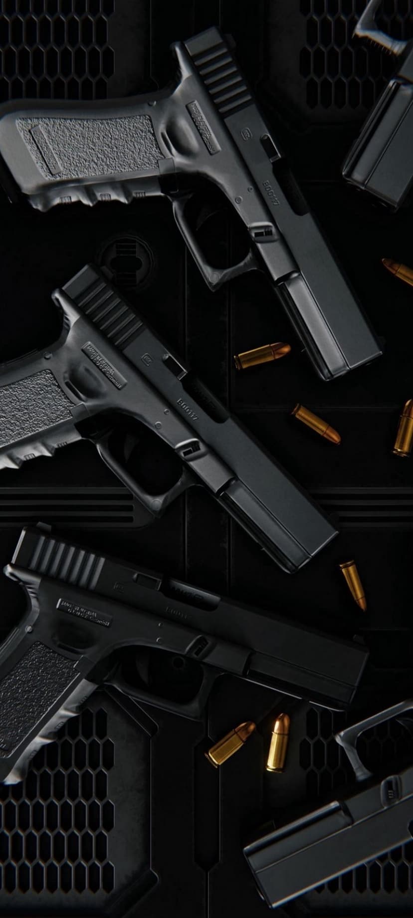 Black Glock pistols and brass ammunition rounds scattered across a dark grey hexagonal textured surface.
