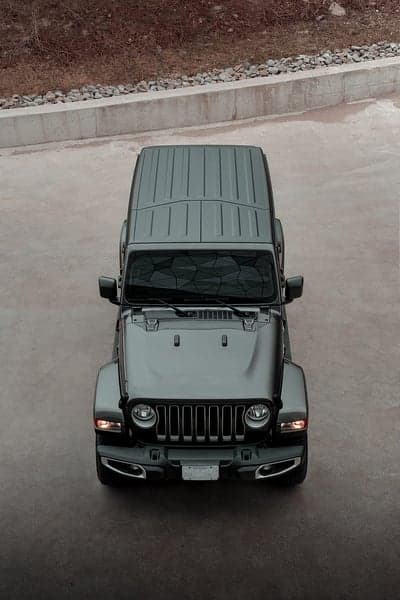 Top-down view of a dark gray Jeep Wrangler